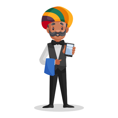 Rajasthani waiter is holding towel and the mobile in hand