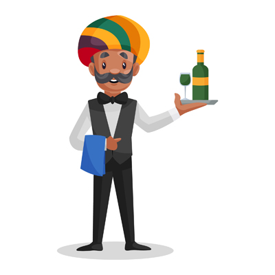 Rajasthani waiter is holding towel and wine bottle on plate
