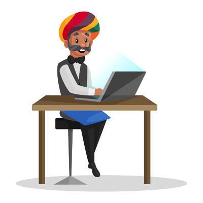 Rajasthani waiter is working on a laptop