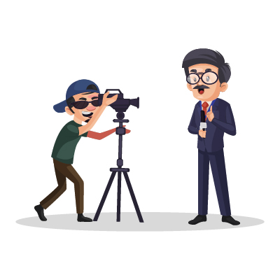 Young Indian journalist is telecasting live news with his cameraman
