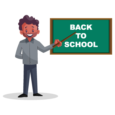 Young Indian teacher illustration pointing stick to the board written back to school