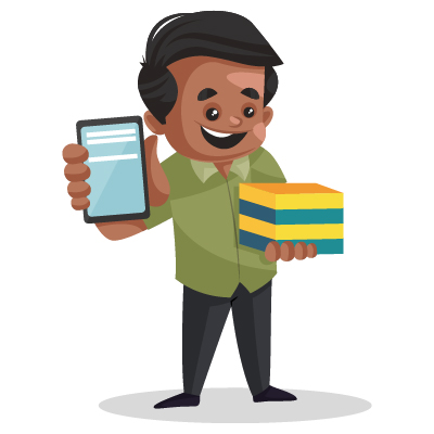 Young Indian male confectioner is holding mobile and sweets boxes in hand for online booking