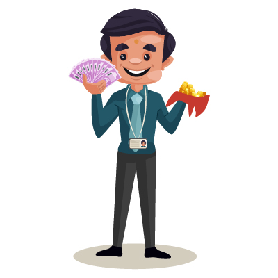 Young banker character showing money and gold in hands