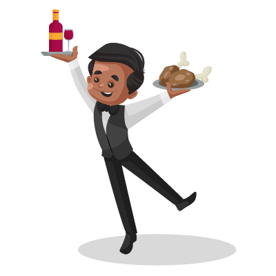 Young brown waiter balancing food and drink plates
