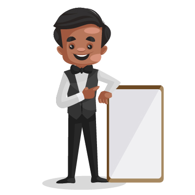 Young brown waiter showing white board