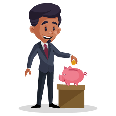 Young indian businessman saving money in piggy bank