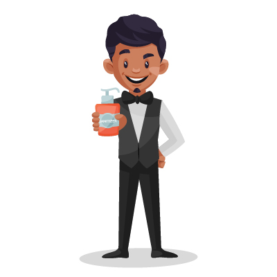 Young indian waiter with sanitizer bottle