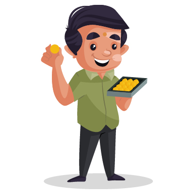 Young male confectioner holding sweets tray in hand