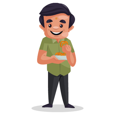 Young male confectioner is holding jalebi sweets in hand