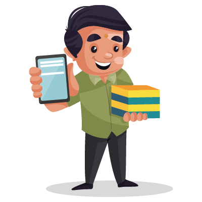 Young male confectioner is holding mobile and sweets boxes in hand for online booking