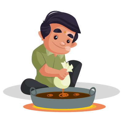 Young male confectioner is making sweets in a big wok