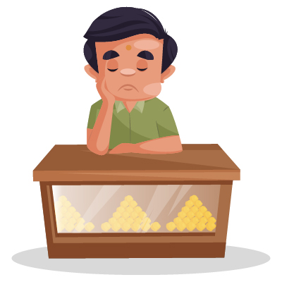 Young male confectioner is sitting sad in the shop