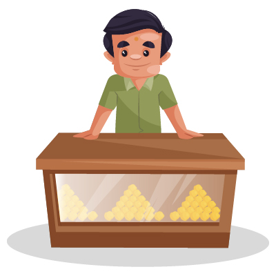 Young male confectioner is standing on counter in shop