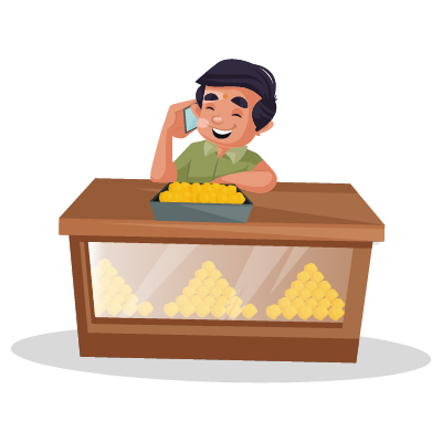 Young male confectioner is talking on phone
