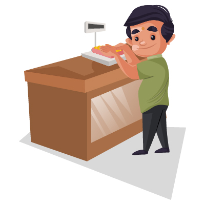 Young male confectioner is weighing sweets on the machine