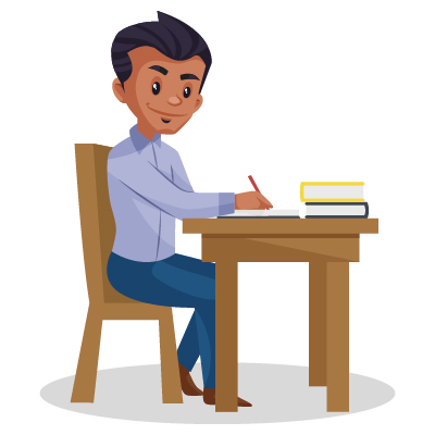 Young male teacher is sitting on the chair and checking the notebook on the  table