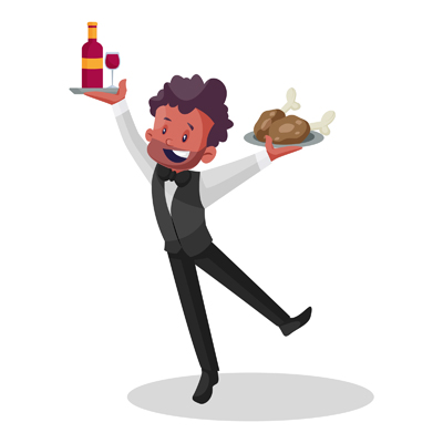 Young waiter is holding a chicken leg piece and a bottle in hands
