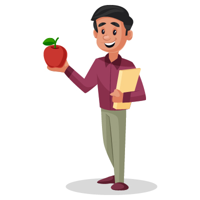 Younger Indian male teacher holding an apple and book