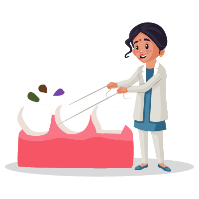 A female dentist is cleaning the teeth with a thread