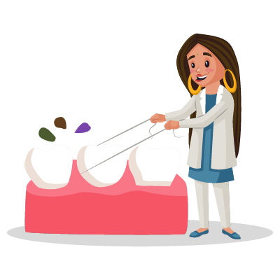 An Indian female dentist is cleaning the teeth with a thread