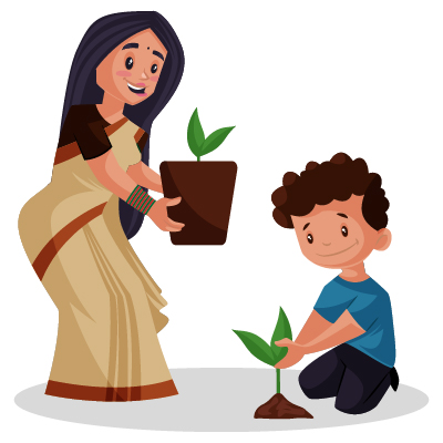 Character of female teacher teaching tree plantation to boy