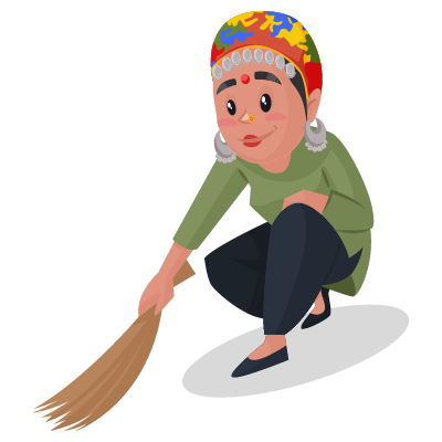 Character of housemaid cleaning floor with broom