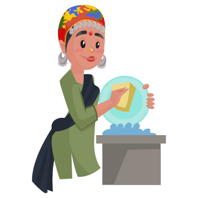 Character of housemaid is cleaning plates
