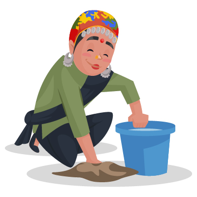 Character of housemaid is cleaning the floor