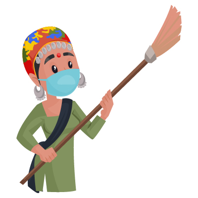 Character of housemaid wearing mask and holding broom