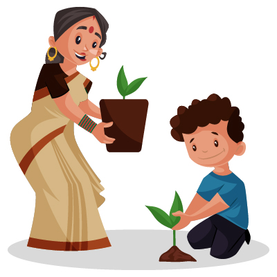 Character of indian teacher doing tree plantation with kid