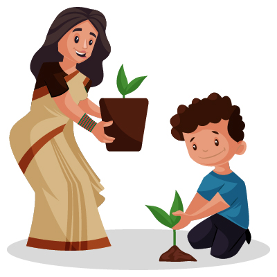 Character of lady teacher is teaching tree plantation to boy