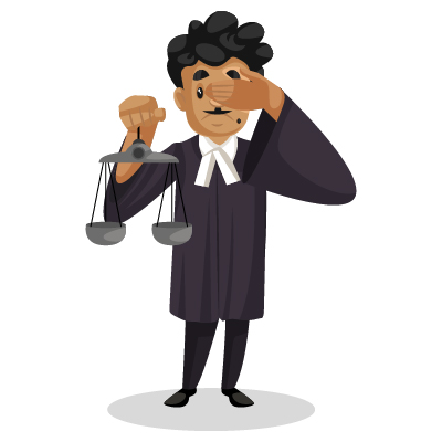 Character of young indian judge holding scale and covering eye