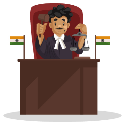 Character of young indian judge showing scale and gavel