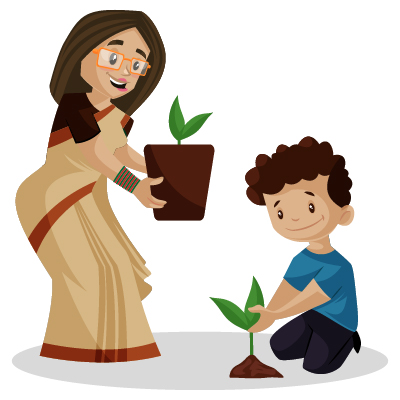 Experienced lady teacher is teaching tree plantation to boy