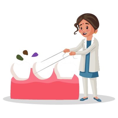Female dentist is cleaning the teeth with thread