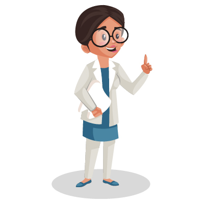 Female young dentist is holding a paper in hand and giving advice with pointing finger