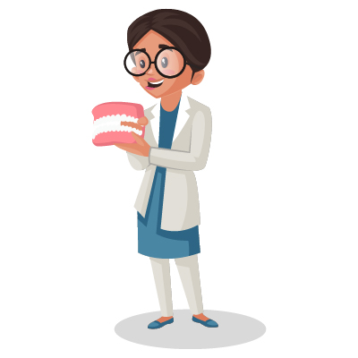 Female young dentist is holding the dental jaw in hands