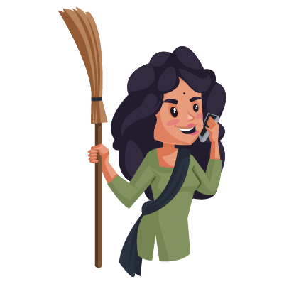 Housemaid character holding broom and talking on phone