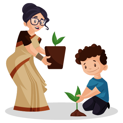 Illustration of indian teacher teaching tree plantation to boy