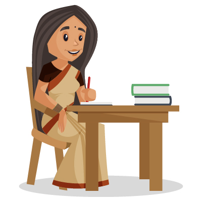 Illustration of teacher in classroom and checking notebooks
