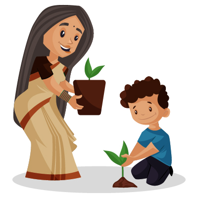 Illustration of teacher teaching tree plantation to boy