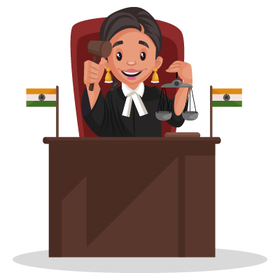 Indian Punjabi female judge is sitting on a chair and holding a hammer and scales in hands