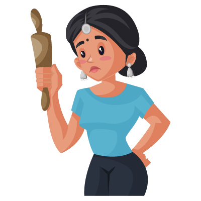 Indian housewife character holding roller in hand
