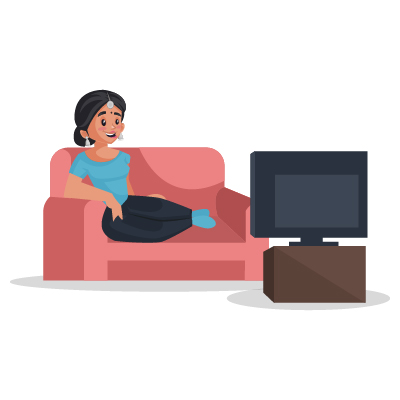Indian housewife character watching television on sofa