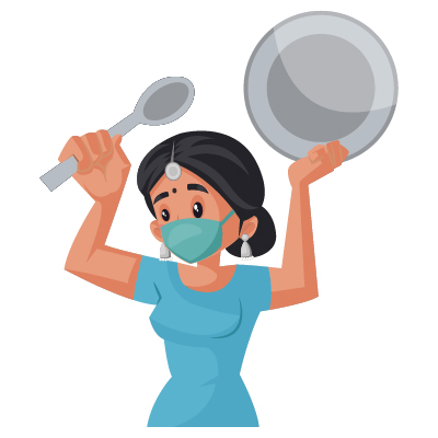 Indian housewife character wearing mask and holding utensils