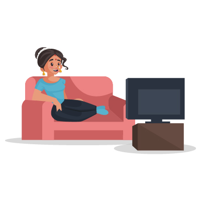 Indian housewife illustration watching television on sofa