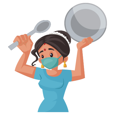 Indian housewife illustration wearing mask and holding utensils