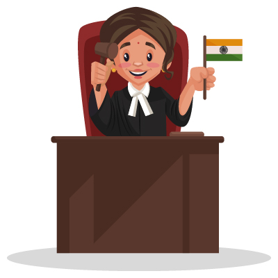 Indian judge is sitting on a chair and holding a hammer and flag in his hands