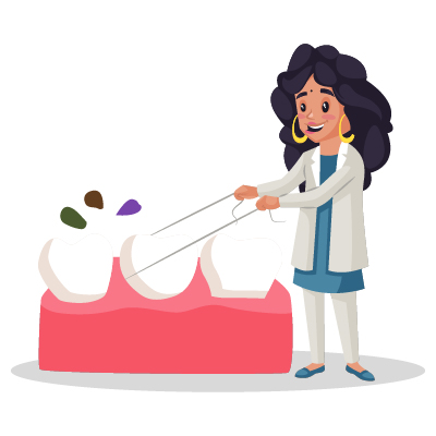Indian lady dentist is cleaning the teeth with thread