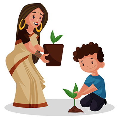 Indian lady teacher is teaching tree plantation to a boy